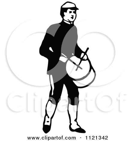 Clipart Of A Retro Vintage Black And White Army Soldier Drummer - Royalty Free Vector Illustration by Prawny Vintage