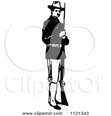 Clipart Of A Retro Vintage Black And White Army Soldier With A Rifle 1 - Royalty Free Vector Illustration by Prawny Vintage