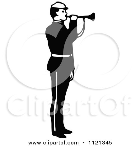 Clipart Of A Retro Vintage Black And White Army Soldier Blowing A Horn - Royalty Free Vector Illustration by Prawny Vintage