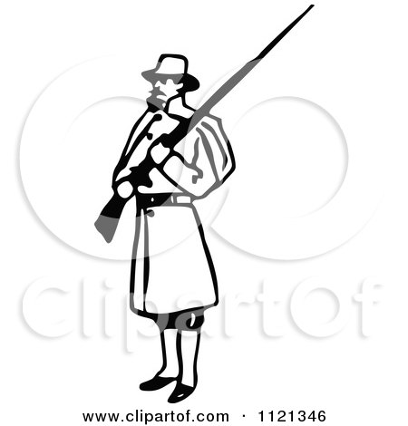 Clipart Of A Retro Vintage Black And White Army Soldier With A Rifle 3 - Royalty Free Vector Illustration by Prawny Vintage