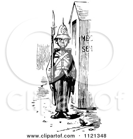 Clipart Of A Retro Vintage Black And White Soldier At Guard - Royalty Free Vector Illustration by Prawny Vintage