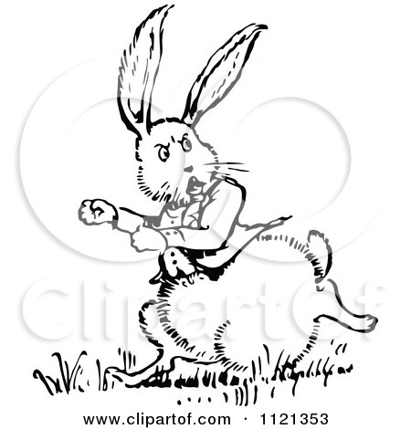 Clipart Of A Retro Vintage Black And White Chubby Rabbit Running - Royalty Free Vector Illustration by Prawny Vintage