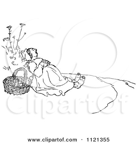 Clipart Of A Retro Vintage Black And White Woman Napping Outdoors - Royalty Free Vector Illustration by Prawny Vintage