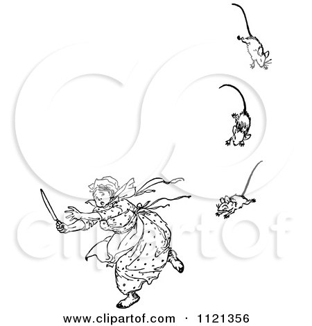 Clipart Of A Retro Vintage Black And White Woman Running From Three Blind Mice - Royalty Free Vector Illustration by Prawny Vintage