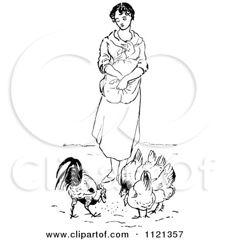 Clipart Of A Retro Vintage Black And White Woman Feeding Chickens - Royalty Free Vector Illustration by Prawny Vintage