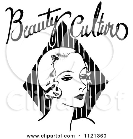 Clipart Of A Retro Vintage Black And White Lady With Beauty Culture Text - Royalty Free Vector Illustration by Prawny Vintage