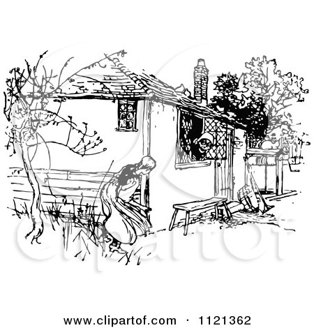Clipart Of A Retro Vintage Black And White Woman Talking To Another Through A Cottage Window - Royalty Free Vector Illustration by Prawny Vintage