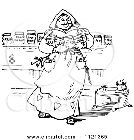 Clipart Of A Retro Vintage Black And White Servant Woman Carrying Ingredient Jars - Royalty Free Vector Illustration by Prawny Vintage