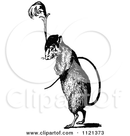 Clipart Of A Retro Vintage Black And White Rat Wearing A Plumed Hat - Royalty Free Vector Illustration by Prawny Vintage