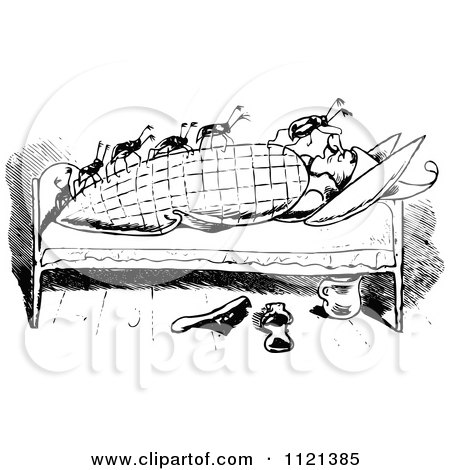 Clipart Of Retro Vintage Black And White Bed Bugs Attacking A Man 1 - Royalty Free Vector Illustration by Prawny Vintage
