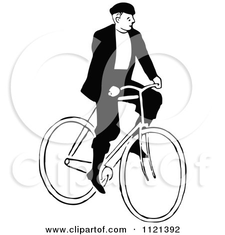 Clipart Of A Retro Vintage Black And White Man Riding A Bicycle 1 - Royalty Free Vector Illustration by Prawny Vintage