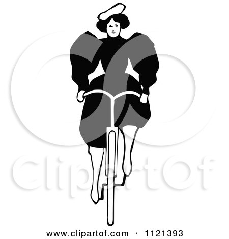 Clipart Of A Retro Vintage Black And White Lady Riding A Bicycle 1 - Royalty Free Vector Illustration by Prawny Vintage