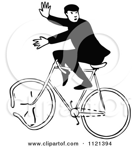 Clipart Of A Retro Vintage Black And White Man On A Broken Bicycle - Royalty Free Vector Illustration by Prawny Vintage