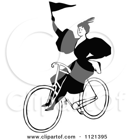 Clipart Of A Retro Vintage Black And White Lady Riding A Bicycle With A Flag - Royalty Free Vector Illustration by Prawny Vintage