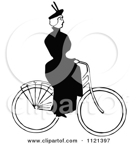 Clipart Of A Retro Vintage Black And White Lady Riding A Bicycle 2 - Royalty Free Vector Illustration by Prawny Vintage