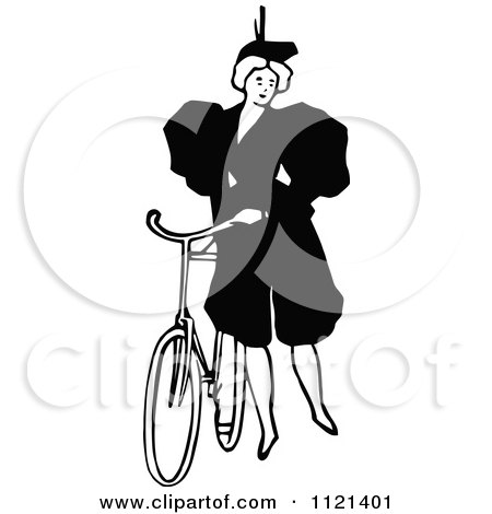 Clipart Of A Retro Vintage Black And White Lady Standing By A Bicycle - Royalty Free Vector Illustration by Prawny Vintage