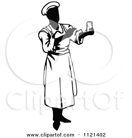 Clipart Of A Retro Vintage Black And White Male Chef Holding A Cup - Royalty Free Vector Illustration by Prawny Vintage