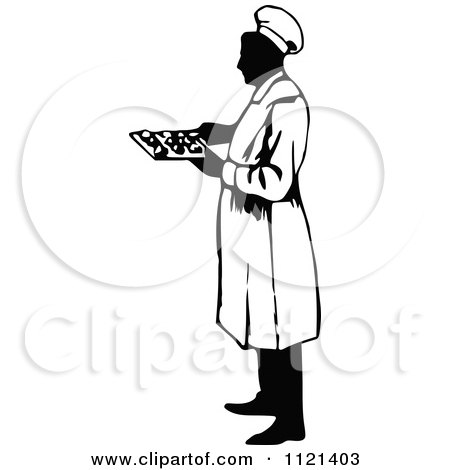Clipart Of A Retro Vintage Black And White Male Chef Holding A Tray - Royalty Free Vector Illustration by Prawny Vintage