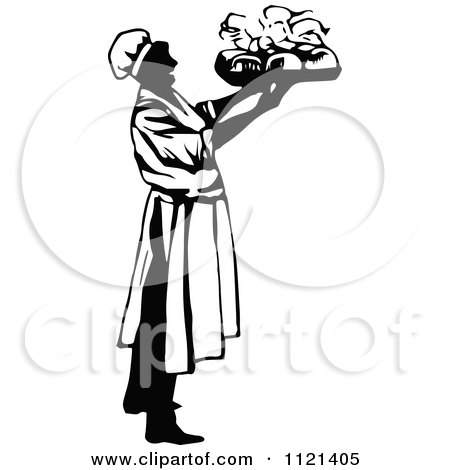 Clipart Of A Retro Vintage Black And White Male Chef Carrying A Platter 1 - Royalty Free Vector Illustration by Prawny Vintage