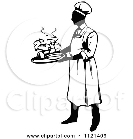 Clipart Of A Retro Vintage Black And White Male Chef Carrying A Platter 2 - Royalty Free Vector Illustration by Prawny Vintage