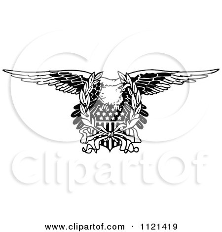 Clipart Of A Retro Vintage Black And White Bald Eagle And American Shield - Royalty Free Vector Illustration by Prawny Vintage
