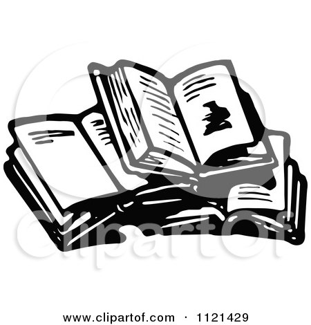 Clipart Of A Retro Vintage Black And White Stack Of Open Books - Royalty Free Vector Illustration by Prawny Vintage