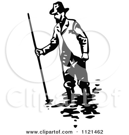 Clipart Of A Retro Vintage Black And White Klondiker Gold Rush Miner Man Wading - Royalty Free Vector Illustration by Prawny Vintage