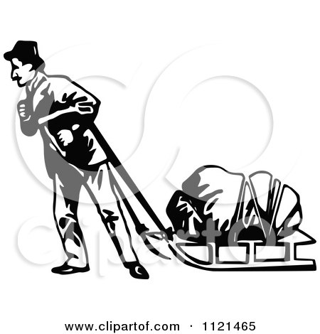 Clipart Of A Retro Vintage Black And White Klondiker Gold Rush Miner Pulling A Sled - Royalty Free Vector Illustration by Prawny Vintage