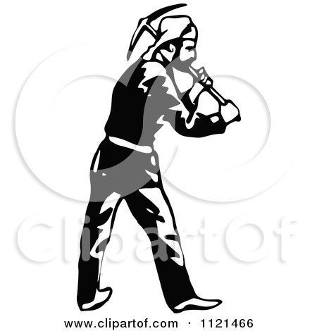 Clipart Of A Retro Vintage Black And White Klondiker Gold Rush Miner Man With A Pickaxe - Royalty Free Vector Illustration by Prawny Vintage