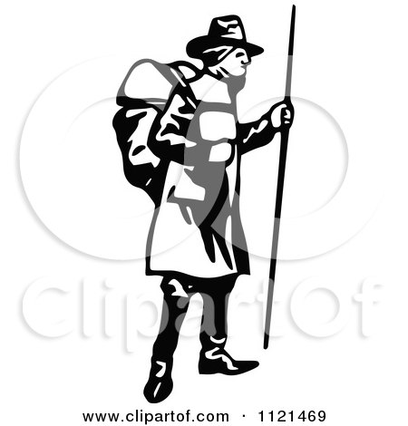 Clipart Of A Retro Vintage Black And White Klondiker Gold Rush Miner Man With Gear - Royalty Free Vector Illustration by Prawny Vintage