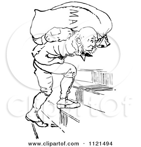Clipart Of A Retro Vintage Black And White Man Carrying Malt Up Stairs - Royalty Free Vector Illustration by Prawny Vintage