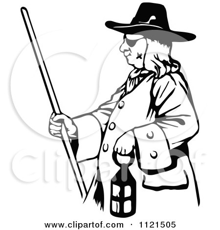 Clipart Of A Retro Vintage Black And White Pirate Carrying A Lantern - Royalty Free Vector Illustration by Prawny Vintage