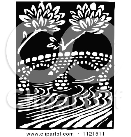 Clipart Of A Retro Vintage Black And White Arched Bridge Over A River - Royalty Free Vector Illustration by Prawny Vintage