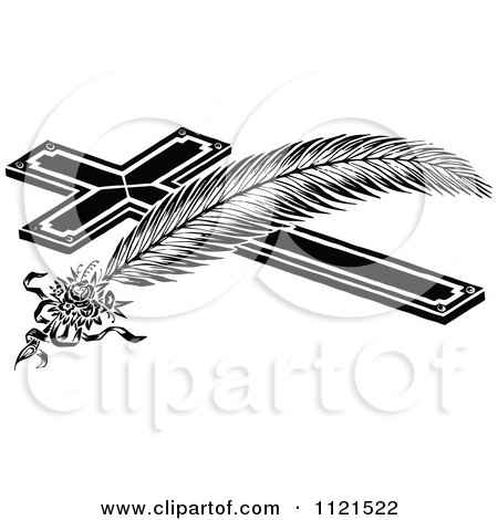 Clipart Of A Retro Vintage Black And White Feather And Cross - Royalty Free Vector Illustration by Prawny Vintage