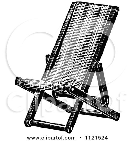 Clipart Of A Retro Vintage Black And White Folding Deck Chair - Royalty Free Vector Illustration by Prawny Vintage