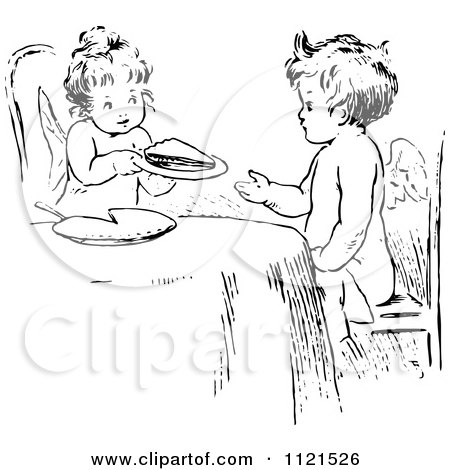 Clipart Of A Retro Vintage Black And White Cherubs Sharing Pie - Royalty Free Vector Illustration by Prawny Vintage