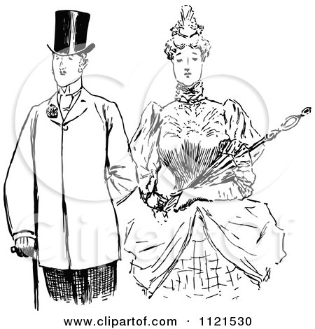 Clipart Of A Retro Vintage Black And White Victorian Couple 2 - Royalty Free Vector Illustration by Prawny Vintage