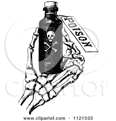 Clipart Of A Retro Vintage Black And White Skeleton Hand Holding Poison - Royalty Free Vector Illustration by Prawny Vintage