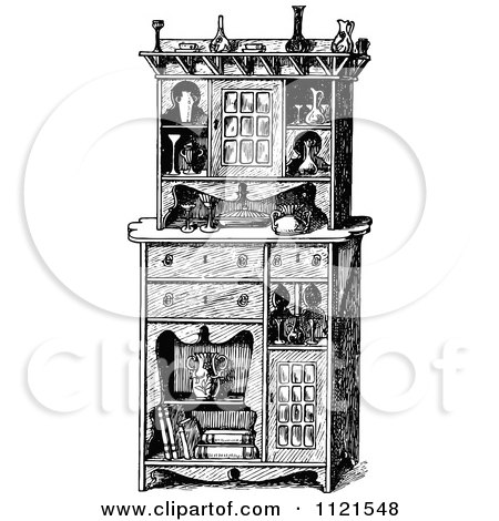 Clipart Of A Retro Vintage Black And White Flemish Cabinet - Royalty Free Vector Illustration by Prawny Vintage