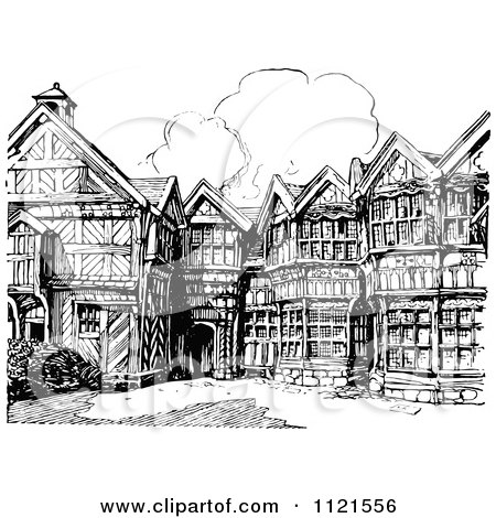Clipart Of A Retro Vintage Black And White Elizabethan Facade - Royalty Free Vector Illustration by Prawny Vintage