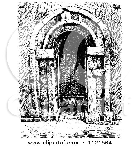 Clipart Of A Retro Vintage Black And White Arched Church Doorway - Royalty Free Vector Illustration by Prawny Vintage