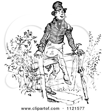 Clipart Of A Retro Vintage Black And White Man Climbing A Stile - Royalty Free Vector Illustration by Prawny Vintage