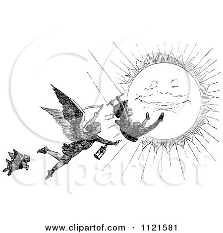 Clipart Of A Retro Vintage Black And White Grim Reaper Chasing A Swinging Man Over The Sun - Royalty Free Vector Illustration by Prawny Vintage