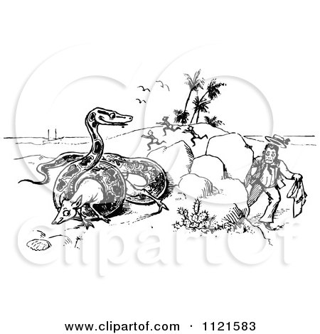 Clipart Of Retro Vintage Black And White People Running From A Giant Snake Eating A Large Animal - Royalty Free Vector Illustration by Prawny Vintage