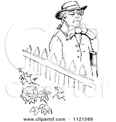 Clipart Of A Retro Vintage Black And White Snooty Man Walking By A Garden - Royalty Free Vector Illustration by Prawny Vintage