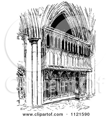 Clipart Of A Retro Vintage Black And White Facade Of St Albans Abbey - Royalty Free Vector Illustration by Prawny Vintage