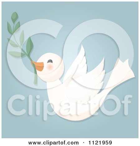 Clipart Of A Cute Dove Flying With An Olive Branch On Blue - Royalty Free Vector Illustration by Amanda Kate