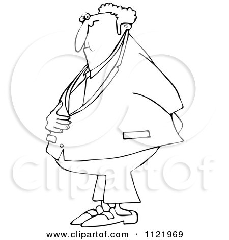 Cartoon Of An Outlined Businessman Holding His Stomach And Behind - Royalty Free Vector Clipart by djart