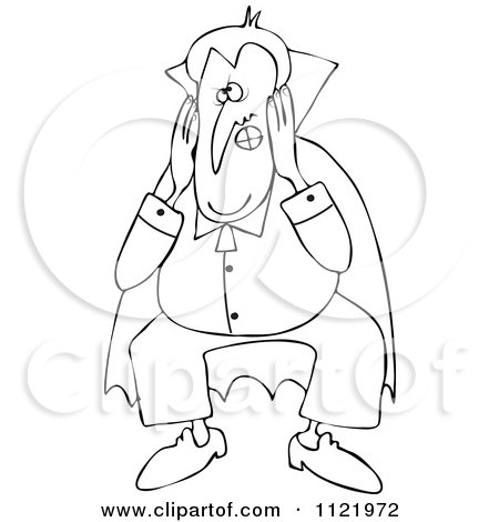 Cartoon Of An Outlined Halloween Vampire Covering His Ears - Royalty Free Vector Clipart by djart