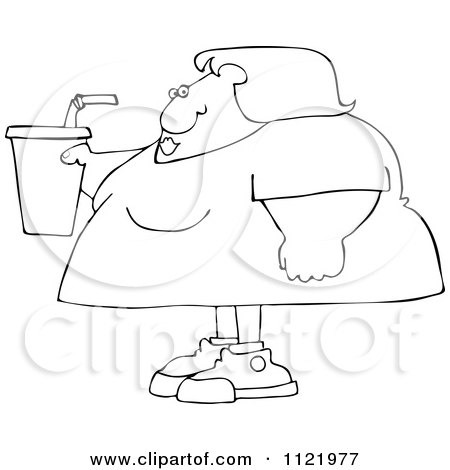 Cartoon Of An Outlined Obese Woman Holding A Fountain Soda - Royalty Free Vector Clipart by djart